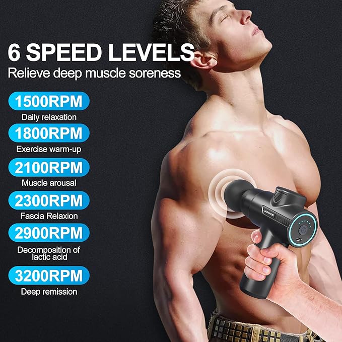 Mini Massage Gun for Deep Tissue Pain Relief, Handheld Portable Percussion Muscle Massager with 6 Speeds & 4 Heads, Fascial Gun for Gym, Office & Travel - Gift for Dad, Mom, Athletes