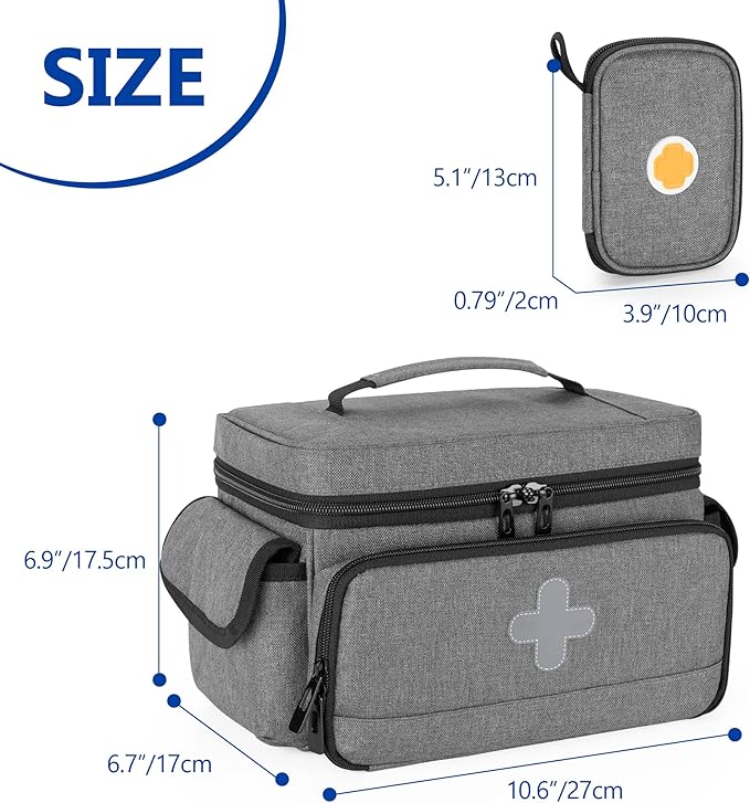 CURMIO Medicine Storage Bag Empty, Lockable Pill Bottle Organizer with Portable Zippered Pouches for First Aid Kits, Medicine Box for Home and Travel, Gray (Patent Pending)
