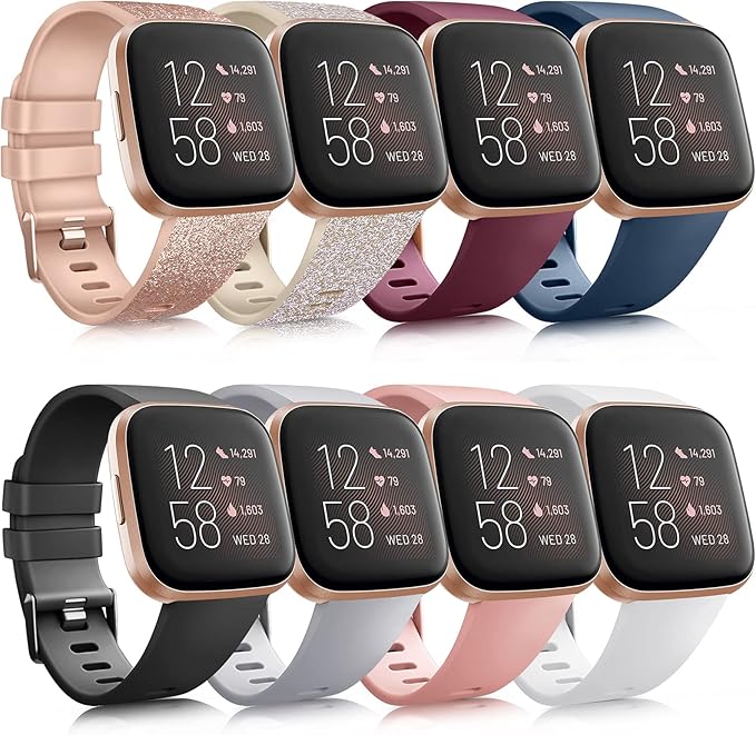 8 Pack Sport Bands Compatible with Fitbit Versa 2, Classic Soft Silicone Replacement Wristbands Straps for Fitbit Versa 2 Smart Watch Women Men (8 Pack A, Small)