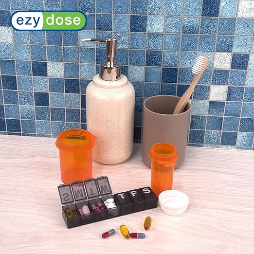 EZY DOSE Weekly (7-Day) Daily Pill Organizer, Vitamin Planner, Medicine Container, Case for Supplements and Fish Oils, Convenient and Easy to Use, Medium Compartments, Travel Friendly, Black, BPA Free