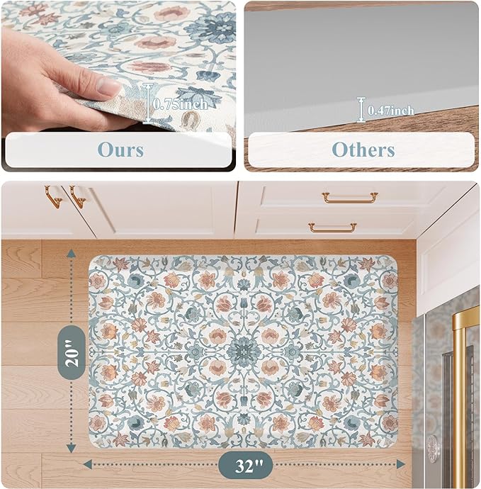 KIMODE Comfort Kitchen Mats for Floor Cushioned Anti Fatigue,Farmhouse Floral Spring Sink Rug Non Slip for Laundry,Extra Thick Memory Foam Padded Standing Desk Carpet for Office,Blue/White