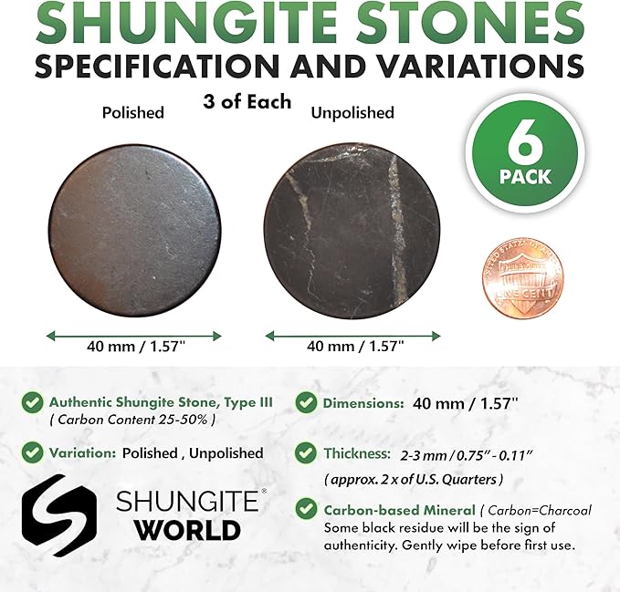 6 pcs Shungite Stickers Set Round 40 mm Polished and Unpolished (3 of Each) for Cell Phone Case Tablet Laptop Computer - Energy Shungite Stones Protection Plate with Carbon Fullerenes
