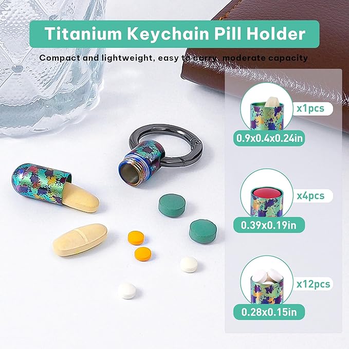 Titanium Keychain Pill Holder,Waterproof Mini Pill Case,Portable Small Pill Container for Travel,Purse,Pocket(Graffiti)