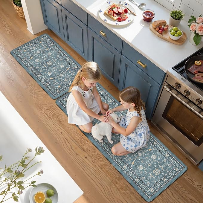 KIMODE Kitchen Floor Mats Cushioned Anti Fatigue,Comfort Memory Foam Kitchen Mats for Floor 2 Piece,Boho Vintage Floral Kitchen Rug Non Slip for Laundry Sink Office Home Decor,Blue