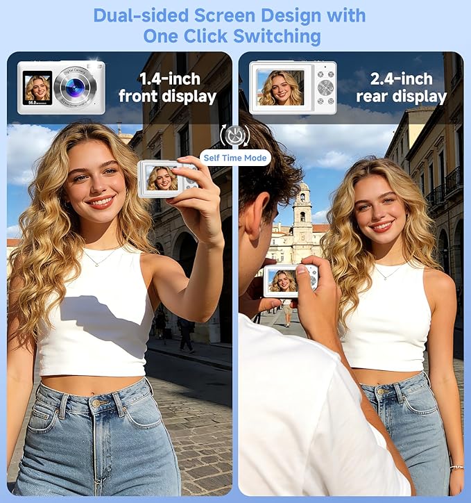 Digital Camera, 2026 Upgraded 56MP Dual-Screens Selfie Digital Camera, Small Cameras with 32GB SD Card Smile Capture, Compact Digital Cameras with 16X Digital Zoom for Beginners Kids Teens Girls