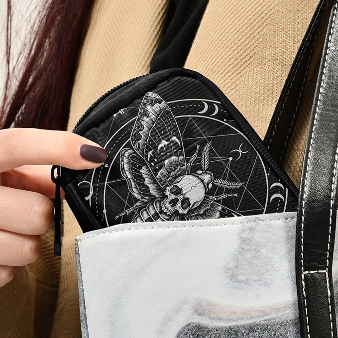Travel Pill Organizer Bag Weekly Pill Organizer Case Goth Black Skull Moth Portable Small Daily Pill Boxes for Vitamin Fish Oils Supplement Holder with Zipper Compact Size