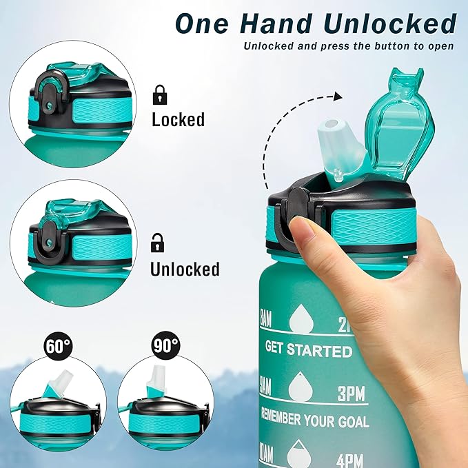 Motivational Water Bottle with Time Marker - 32oz, Leak-proof BPA Free Sports Water Bottles with Straw & Carrying Strap