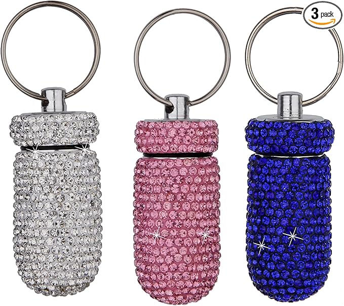 3PCS Bling Crystal Rhinestone Portable Pill Case Pill Container Waterproof Pill Holder with Keychain Glitter Travel Pill Box Small Medicine Dispenser Bottle Storage for Outdoor Camping Travel,6