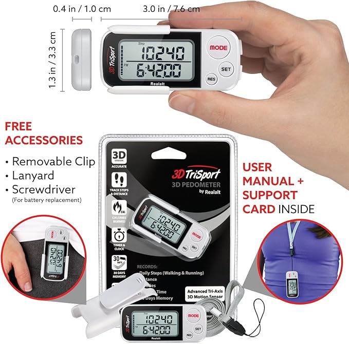 Realalt 3DTriSport 3D Walking Pedometer with Clip & Strap, Accurate Step Counter with 30-Day Memory, Distance in Miles/KM with Large Display Perfect for Seniors & Beginners, eBook Included