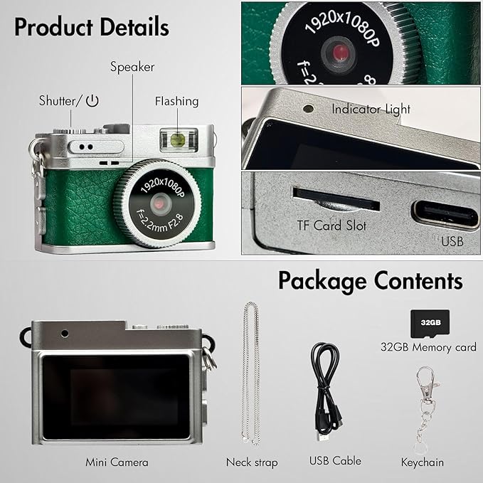 Mini Keychain Camera, Digital Camera, Tiny Vintage Retro Camera, 1080P Video Vlogging Camera,Micro Camcorder with 32 GB Card for Beginners Teens Adults Kids (Green)