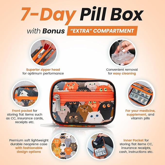 Made Easy Kit Pill Case for Everyday and Travel - 7-Day Weekly Medicine Supplement Vitamin Organizer Sorter Tracker - Neoprene Bag with Pockets - Compact Portable 8 Compartments (Orange Cat)