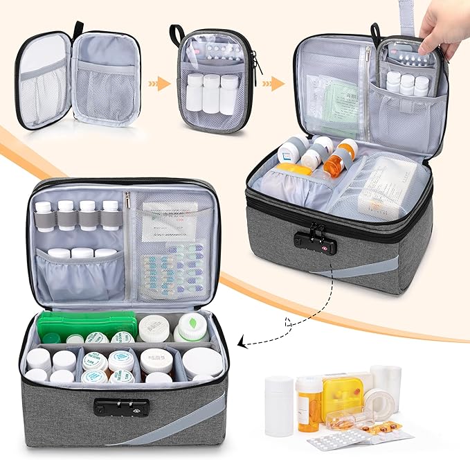 Trunab Medicine Storage Bag with Combination Lock, Lockable Pill Bottle Organizer, Travel Medication Carry Case for Medicine Box, Prescription, Vitamins,Supplements or Medical Supplies