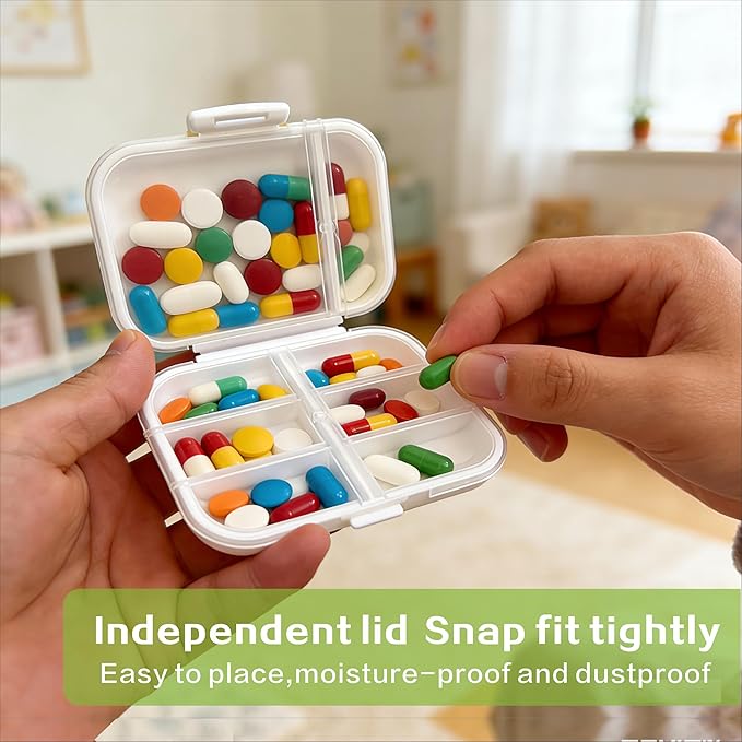 8-Compartment Portable Pill Organizer, 7 Small + 1 Large Grid Sealable Medicine Case, 11x8x3cm PP Pill Box for Travel & Daily Use