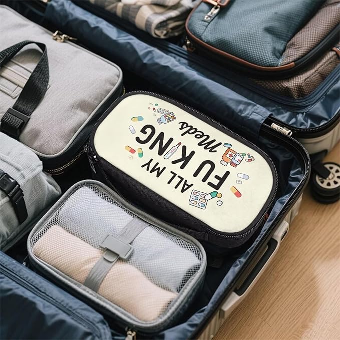 Rnyleeg All My Fuking Meds Diabetic Bag Beige Glucose Meter Case Insulin Bags for Women Diabetic Care for Home Portable Insulin Travel Case with Durable Handle