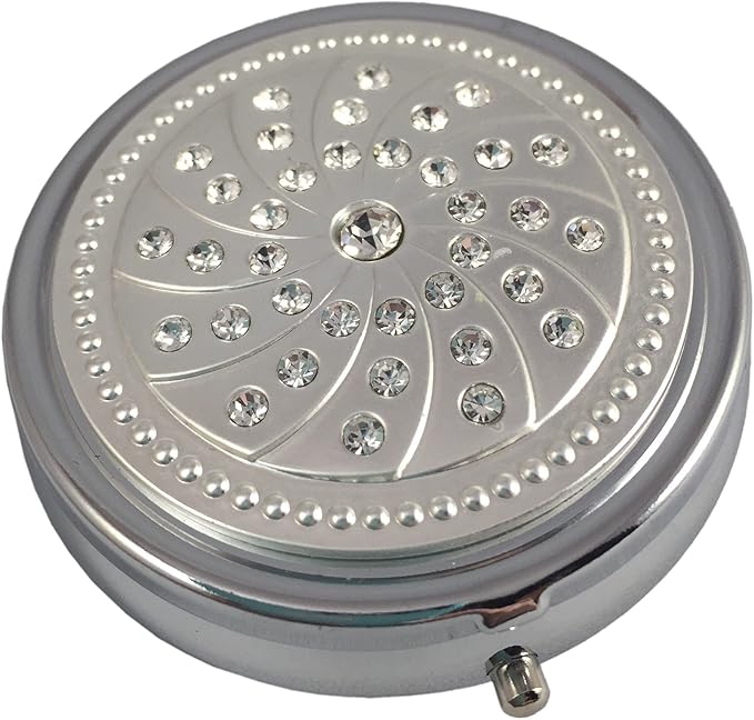 Crystal Gemstones Silver Pill Box – Round 3-Compartment Metal Pill Organizer, Compact 2-Inch Travel Pill Case for Purse or Pocket