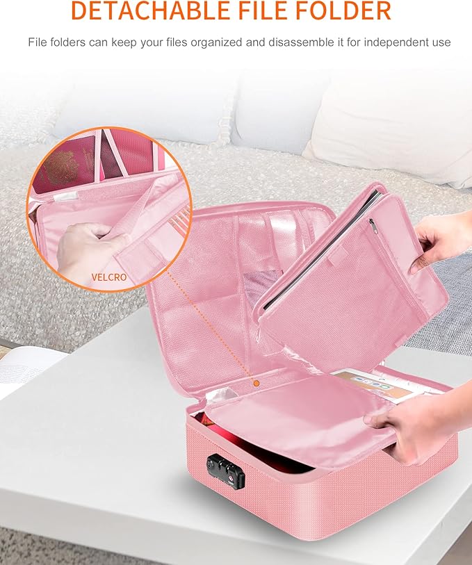 Noiposi Important Document Organizer, Waterproof and Fireproof Document Box with 7 Pockets File Folder,Portable Home Fire Safe Storage Box Case with Lock for Documents,File and Card,Pink