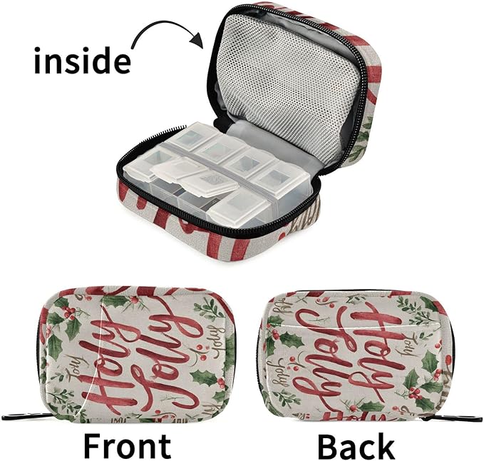 Beige Winter Cherries Holly Jolly Travel Pill Organizer Case Box Container Weekly Portable Vitamin Medicine Holder Storage Bag with Zipper Removable