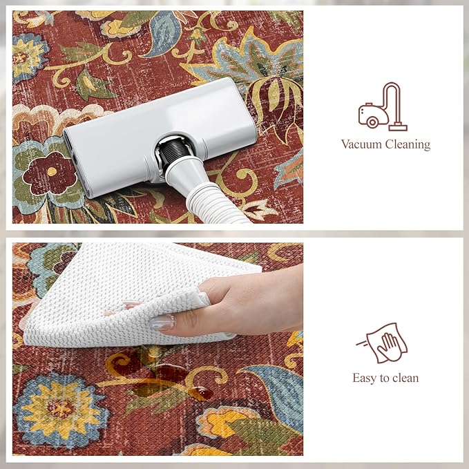 LEEVAN Anti Fatigue Mats for Kitchen Floor 2 Piece,Cushioned Memory Foam Red Kitchen Mats for Floor,Comfort Floral Boho Non Slip Kitchen Floor Mat for Sink,Laundry,Office(17''x29''+17''x47'')