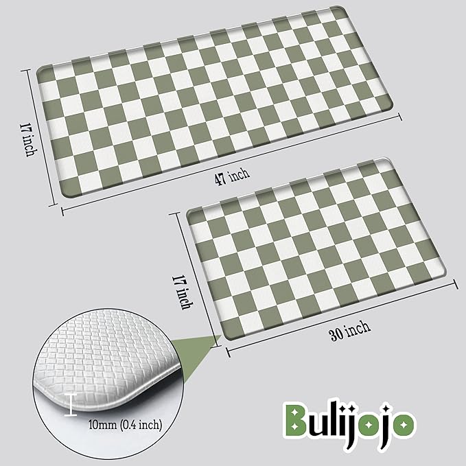 Bulijojo Buffalo Plaid Anti Fatigue Kitchen Floor Mats Set of 2 Waterproof Kitchen Sink Runner Rug Standing Mat Cushioned Kitchen Rugs Comfort Doormat 17"x47"+17"x30" Sage Green