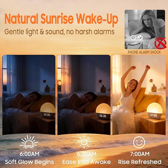 Sunrise Alarm Clock, White Noise Sound Machine, Upgraded Backlit Buttons for Bedrooms, 26 Soothing Sounds, 17 Night Lights, Bluetooth Speaker, Wake Up Sunlight for Heavy Sleepers,