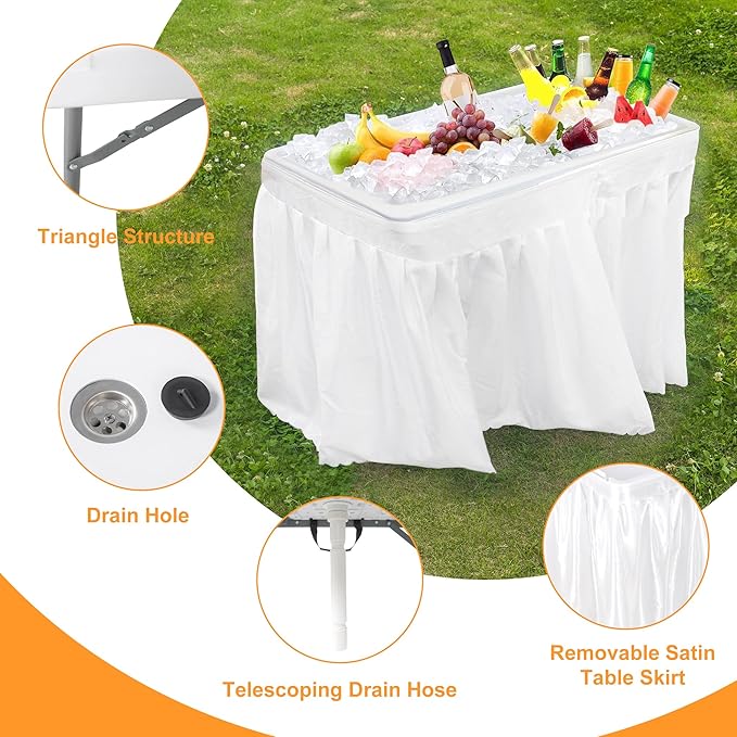 Allpop 4 Foot Folding Ice Cooler Table with Matching Skirt, Portable Patio Table with Grid Rack & Drain Hose for Party Bar Picnic BBQ Camping Wedding, White