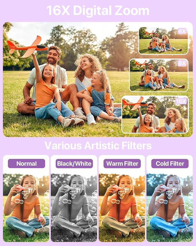 Digital Camera for Kids, FHD 1080P 44MP Vlogging Camera (Purple Color Cameras Without Card), 16X Zoom Point and Shoot Kids Digital Camera Compact Portable Rechargeable Cameras for Kids -Purple