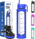 FIT Strong & Healthy 32 oz Glass Water Bottle with Straw Lid - Wide Mouth Borosilicate Glass Water Bottles with Time Marker, Silicone Sleeve & Extra Lid - 1L Large Motivational Drinking Bottle