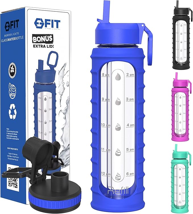 FIT Strong & Healthy 32 oz Glass Water Bottle with Straw Lid - Wide Mouth Borosilicate Glass Water Bottles with Time Marker, Silicone Sleeve & Extra Lid - 1L Large Motivational Drinking Bottle