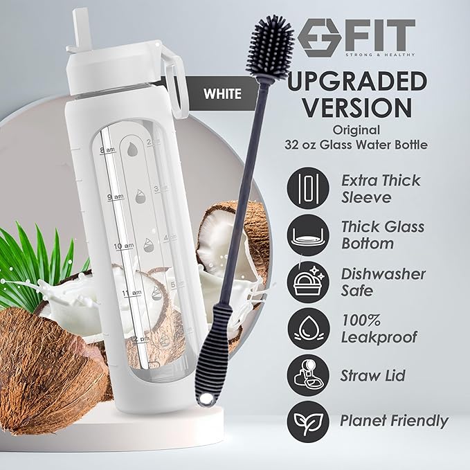FIT Strong & Healthy 32 oz Glass Water Bottle with Straw Lid - Wide Mouth Borosilicate Glass Water Bottles with Time Marker, Silicone Sleeve & Extra Lid - 1L Large Motivational Drinking Bottle
