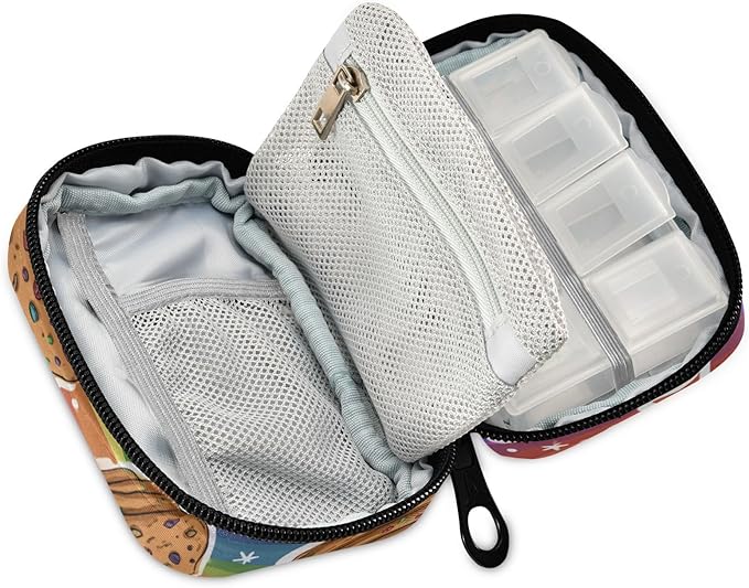 Colorful Striped Cookies and Stars Travel Pill Organizer Case Box Container Weekly Portable Vitamin Medicine Holder Storage Bag with Zipper Removable