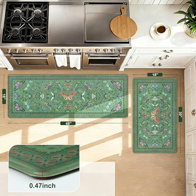 Yinhua Kitchen Rugs Sets of 2, Green Insect Kitchen Rugs Non Slip Washable, Farmhouse Anti Fatigue Mats for Kitchen Floor, PVC Waterproof Rug for Spring Summer, 18"x30"+18"x48"