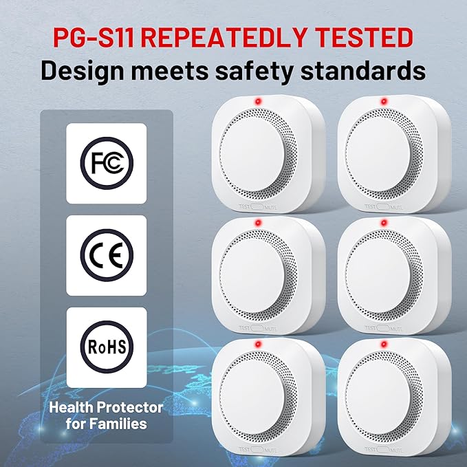 Smoke Alarm Fire Detector,Battery Operated Photoelectric Smoke Detector with Test Button and Low Battery Warning, Fire Alarms Smoke Detectors for Home, 6 Pack