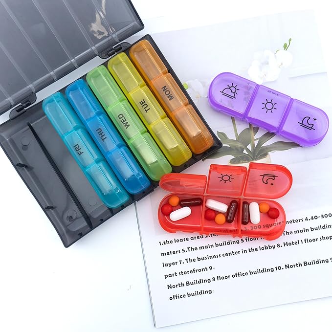 Quacc 1 PCS Weekly Pill Box Organizer 7 Day 3 Times Portable Travel Medicine Pill Organizer Tablet Box for Gel Capsules, Fish Oils, Vitamins, Supplements (Colorful)
