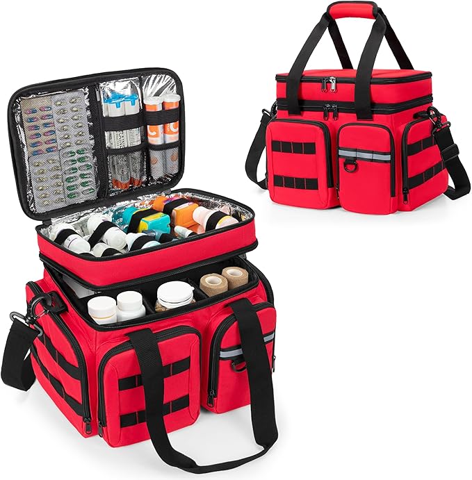 Medicine Organizer Bag with Insulated Pocket for Travel, Pill Bottle Storage Bag with 4 Customized Dividers & Shoulder Strap for Medication, Insulin and First Aid Supplies, Red (Bag ONLY)