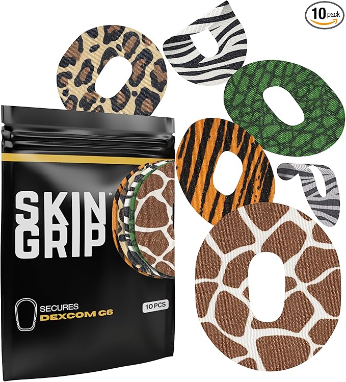 Skin Grip CGM Patches for Dexcom G6 (10-Pack), Waterproof & Sweatproof for 10-14 Days, Pre-Cut Adhesive Tape, Continuous Glucose Monitor Protection (Animal Prints)
