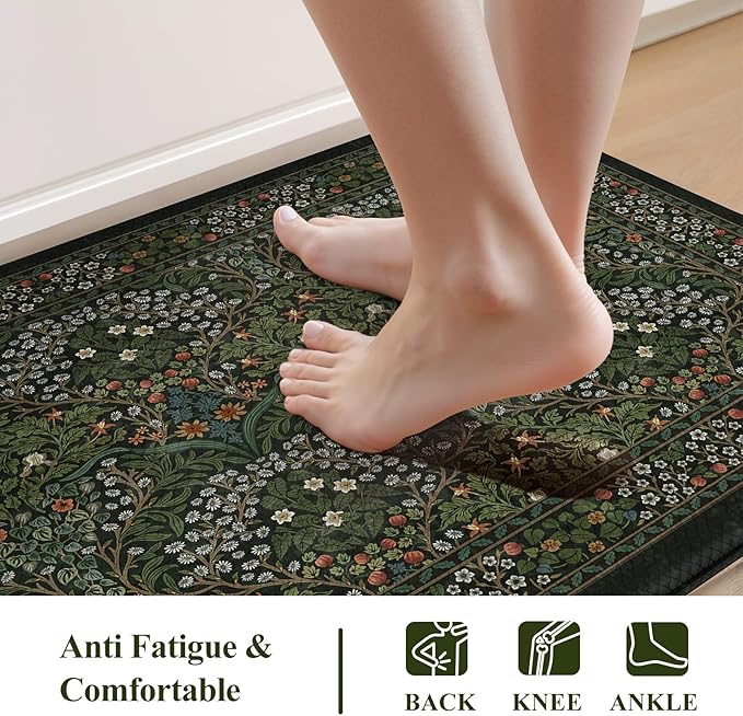 Collive Kitchen Mats for Floor, Cushioned Anti Fatigue Mat Dark Green Floral Rugs 2 Piece Non Skid Waterproof Sink Rug, Memory Foam Comfort Standing Mat for Office, Laundry, Desk