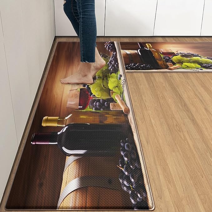 Anti-Fatigue Wine Kitchen Rug Set of 2 Cushioned Grape Kitchen Mats for Floor, Retro Standing Mat Waterproof Non-Slip Kitchen Mats and Rugs PVC Ergonomic Comfort Foam Decor for Kitchen