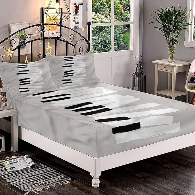 Decorative Bedding Sheet Set Queen Size, Piano Deep Pockets Fitted Sheet & 2 Pillow Sham Set(No Flat Sheet), Doodle Keyboard Contemporary Print Microfiber 3pc Bed Sheets Set, for Boys & Girls Bedding