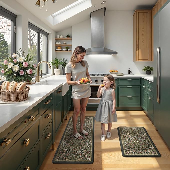 Collive Anti Fatigue Kitchen Mats, Spring Green Floral Kitchen Rugs Sets of 2 Non Slip Waterproof Standing Mat, Vintage Comfort Desk Rug for Office, Sink, Laundry, 17.3"x29"+17.3"x47"