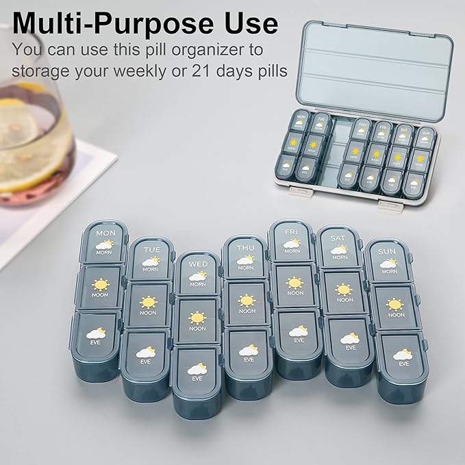 Pill Organizer 3 Times A Day, 7 Day Pill Box - Acedada Weekly Travel Pill Container, Large Medicine Dispenser Vitamins Case Supplements Holder Organizer, Blue