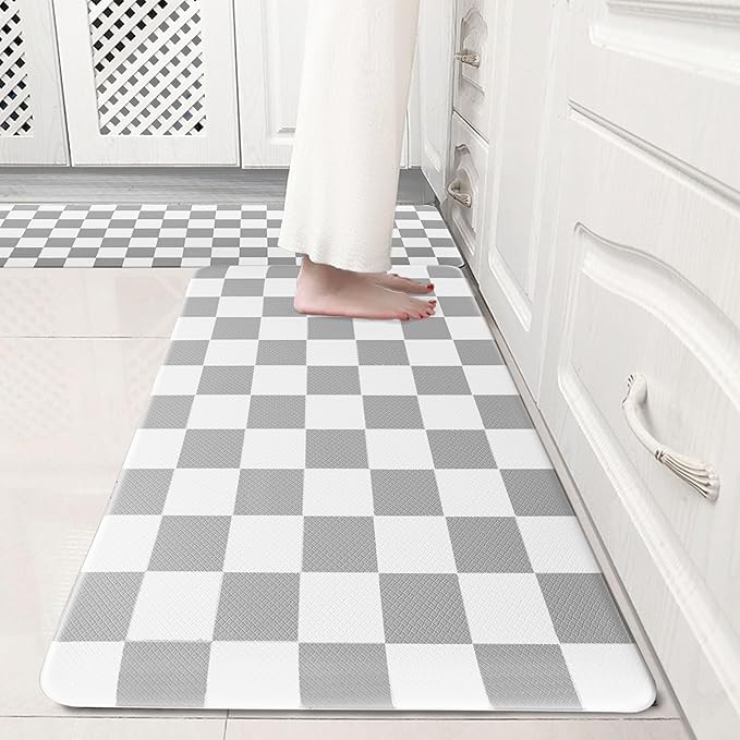 Grey Checkered Grid Checkerboard Kitchen Rug Sets [2 PCs], Anti-Fatigue, Waterproof Non-Slip Kitchen Mats Heavy Duty Ergonomic Comfort Foam Rug for Floor, Home, Laundry,17"x29"+17"x47"