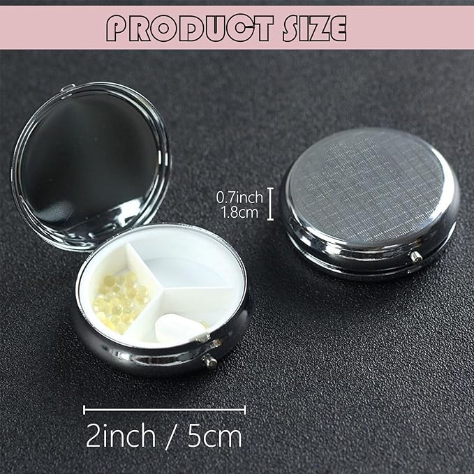 Metal Pill Organizer - 3-Compartment Mini Round Pill Case for Pocket & Purse, Portable Vitamin Holder, Easy-Open Design for Travel - Queen