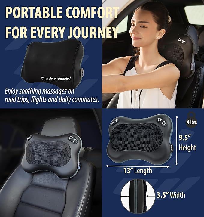 Zyllion Shiatsu Back and Neck Massager with Heat - Cordless Rechargeable 3D Electric Kneading Deep Tissue Massage Pillow with 2 Speeds for Muscle Pain Relief, Black, ZMA-34RB