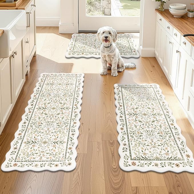 Yamaziot Anti Fatigue Kitchen Rugs Set of 3 - Boho Non Slip Waterproof Kitchen Mats for Floor, Boho Runner Rug for Kitchen Floor, Laundry, Desk, Office, 17.3"x29"+17.3"x35"+17.3"x47", Light Green