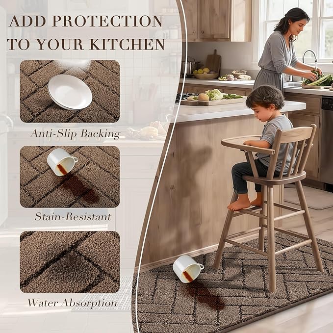 Kitchen Rugs,24" x 59" Non Slip Kitchen Mats for Floor-Thick Stain Resistant Kitchen Floor Mat Runner Carpet for Hallways Entryway Laundry Room Washable(Khaki)