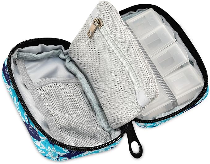 Shark Tropical Hibiscus Flower Pill Box 7 Day Pill Case Travel Pill Organizer Bag Container for Medicine with Zipper Portable Weekly Case Compact Size for Medicine, Vitamin, Supplement