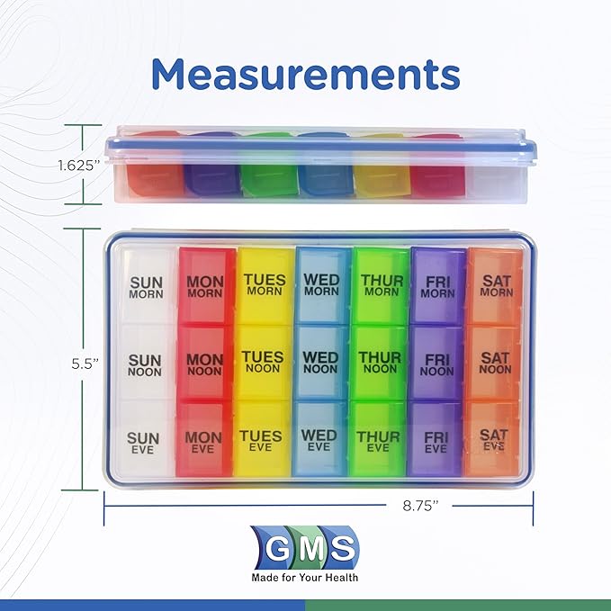 GMS 7-Day 3-Times-a-Day Pill Organizer - With Daily Removable Medication Containers, Suitable for Vitamin & Medicine Use - Secure, Sturdy, Waterproof Weekly Tablet Organizer, Ideal Pill Box for Travel