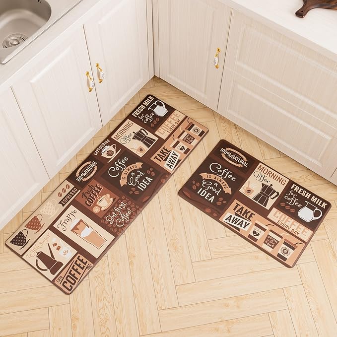 Asrug Anti Fatigue Comfort Kitchen Mats Standing Desk Mat Decorative Ergonomic Floor Pad Kitchen Rug Waterproof Stain Resistance Non Slip Kitchen Set, 17.3''x27.6''+17.3''x47.2'', Cafe Design