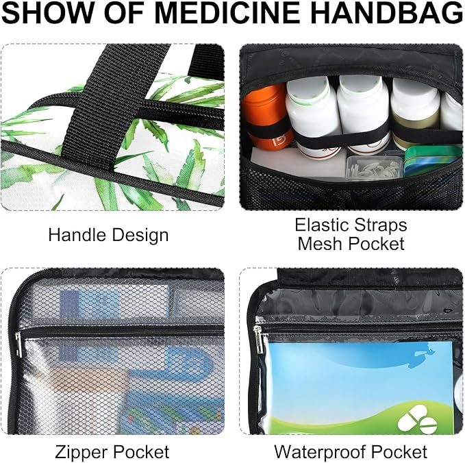 Fustylead Watercolor Green Marijuana Leaves Empty Travel First Aid Bag Large Home Medication Bag with Zipper for Pills,Vitamin,Fish Oil,Supplements for Women and Men