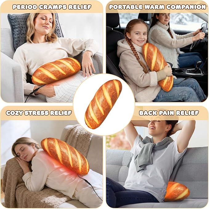 Bread Heating Pad for Period Cramps Menstrual Pain Relief, Portable Electric Heat Pads USB Powered, Funny Baguette Bread Plush Pillow Stuffed, Cute Gifts for Women Teen Girls Birthday Christmas